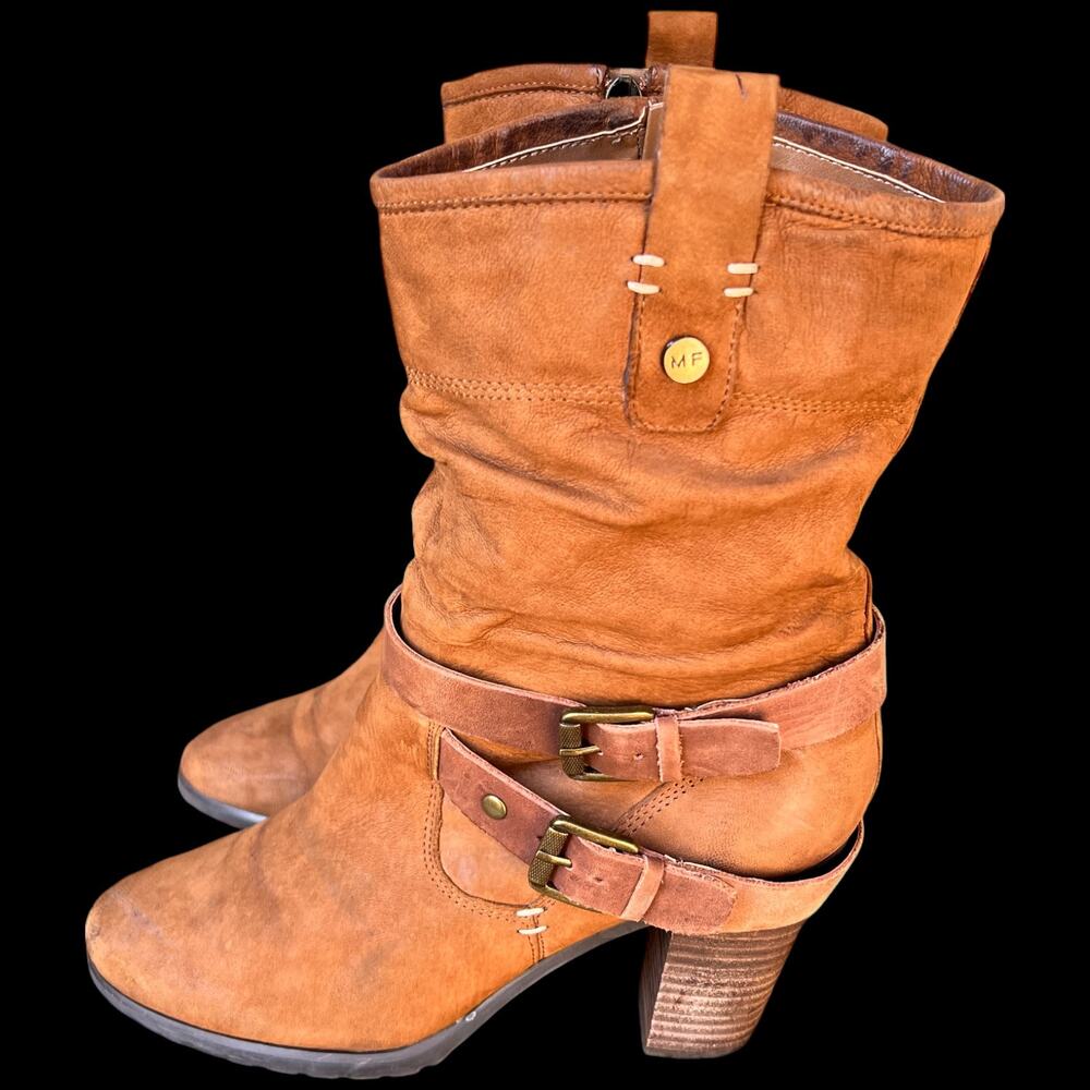 MARC FISHER Famous Women's 8.5 Slouchy Brown Leather Boots Moto Shoes